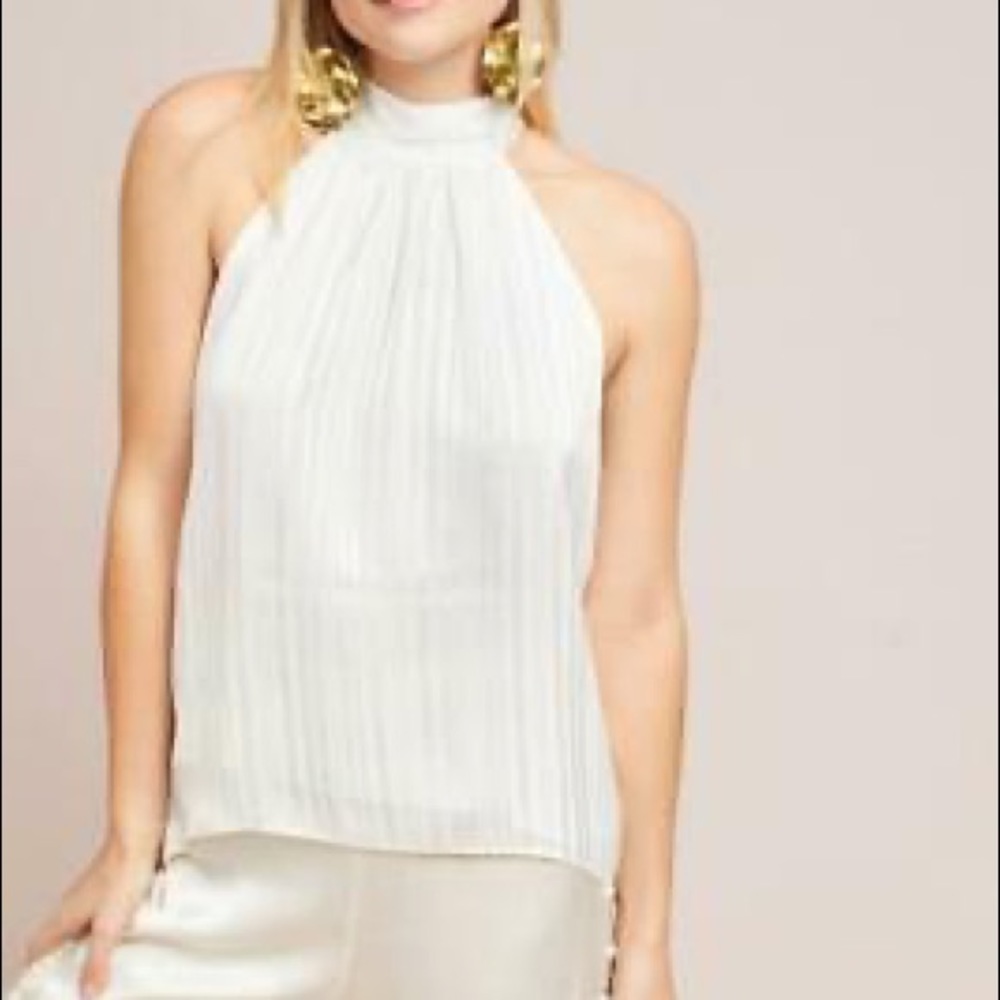 Anthropologie halter top with tie. White and silver striped